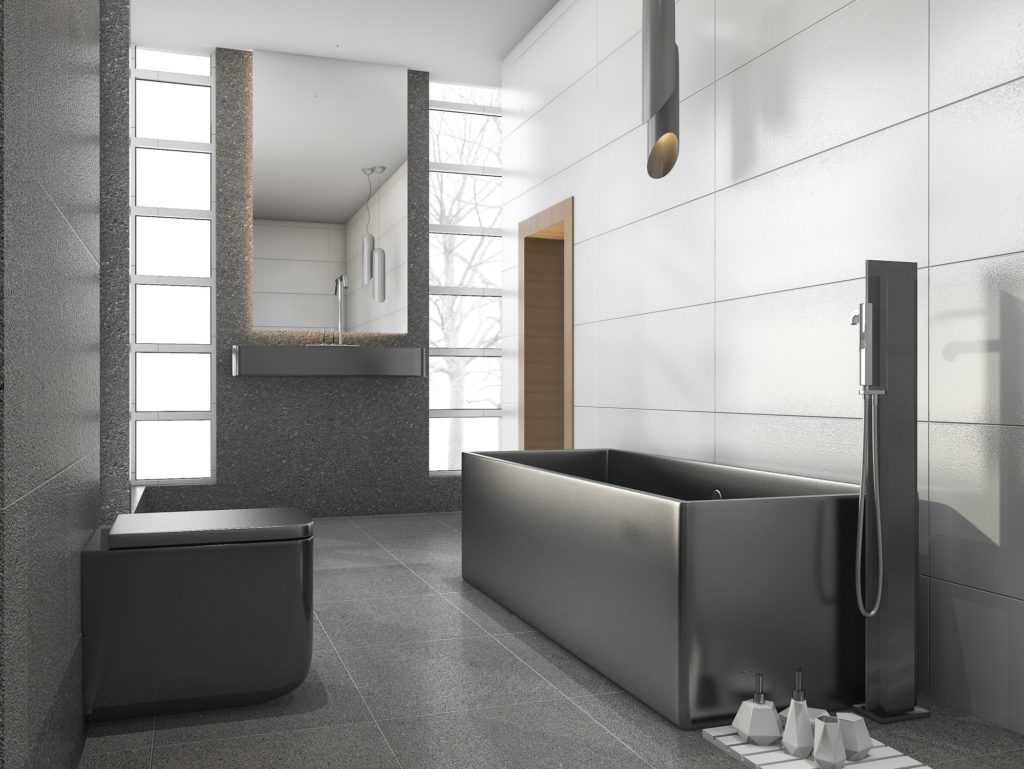 3d rendering grey stainless metal bathroom with white tile and stone tile