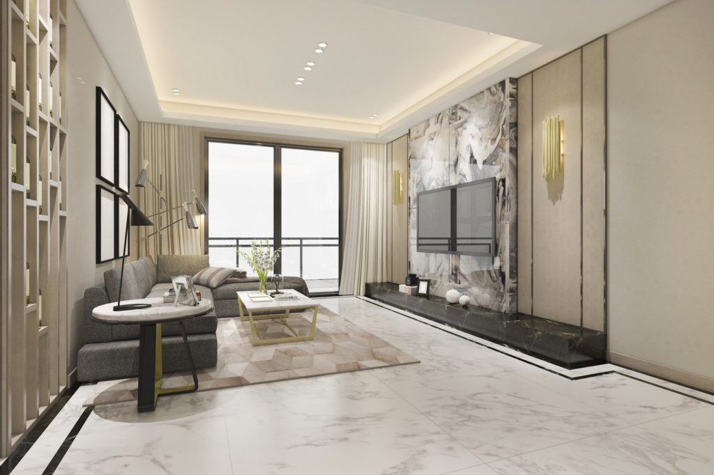 3d rendering luxury classic living room with marble tile and bookshelf
