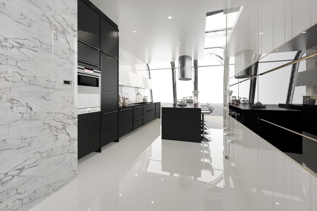3d rendering modern black kitchen with modern wood built in