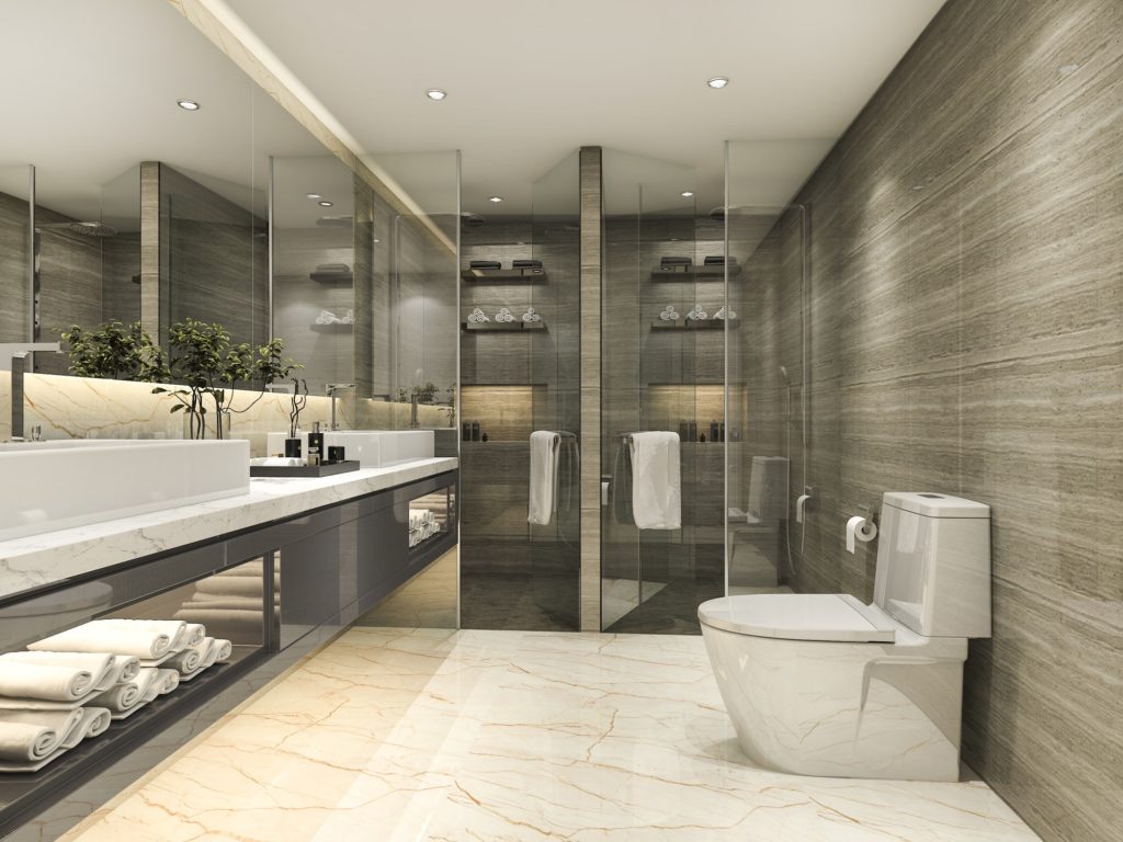 3d rendering modern classic bathroom with luxury tile decor