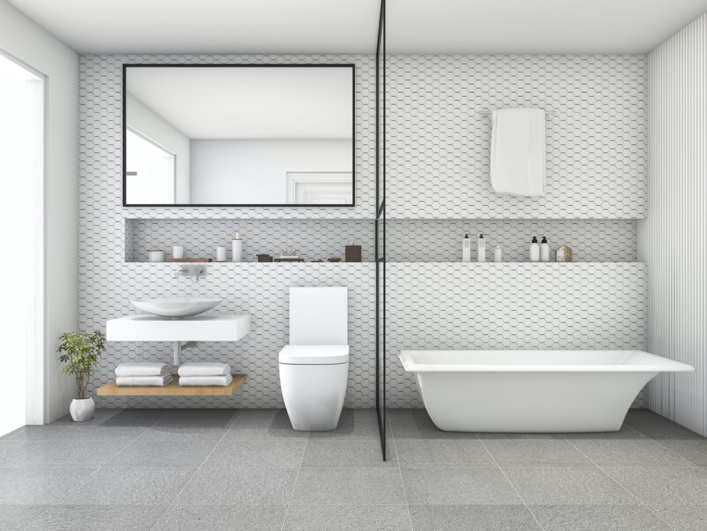 3d rendering white hexagon tile modern bathroom