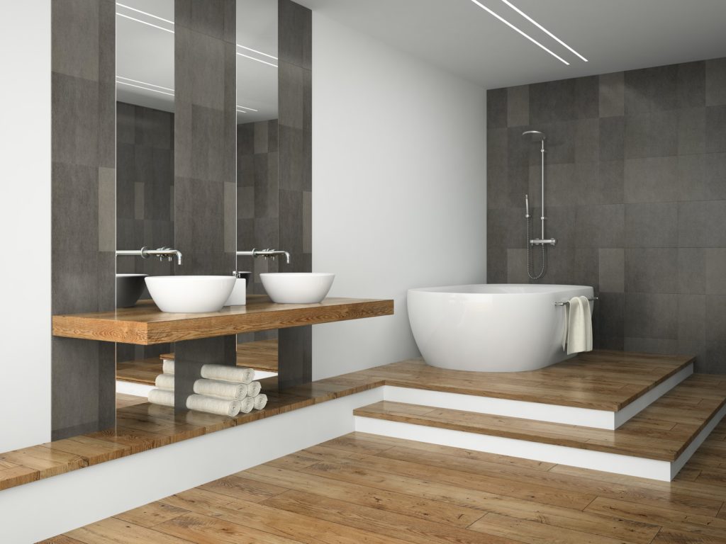 Interior of bathroom with wooden floor 3D rendering