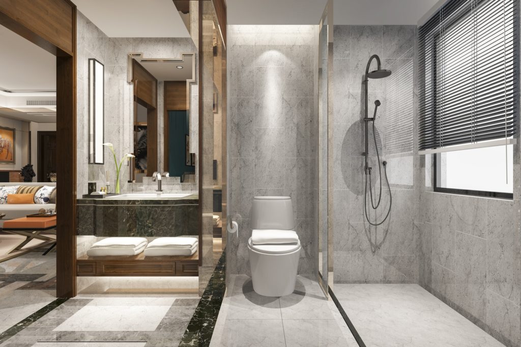 3d rendering classic modern bathroom with luxury tile decor near living room