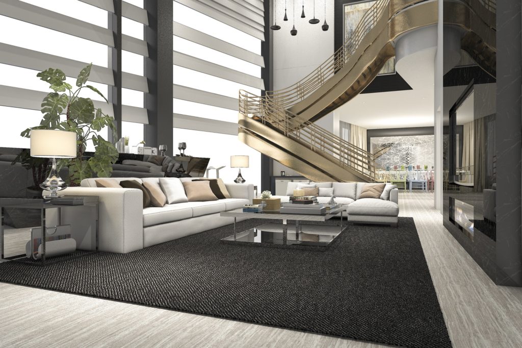 3d rendering luxury and modern living room with double floor golden stair