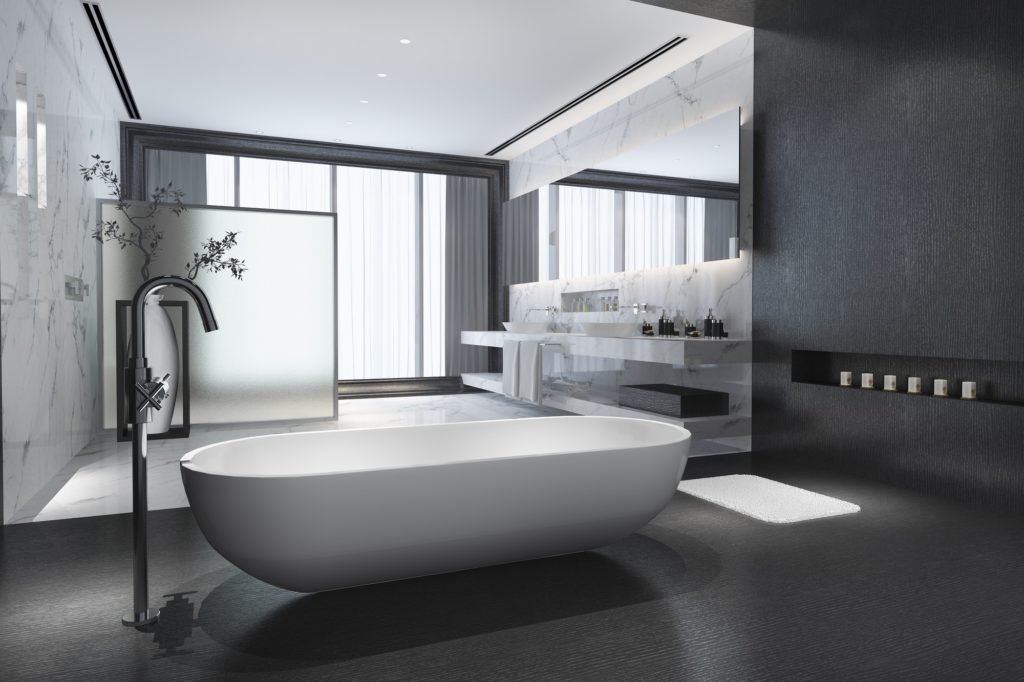 3d rendering modern black stone bathroom with luxury tile decor with nice nature view from window