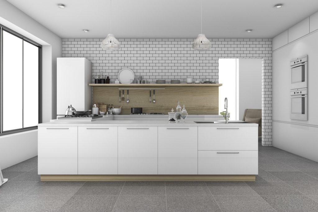 3d rendering nice tile kitchen with brick wall