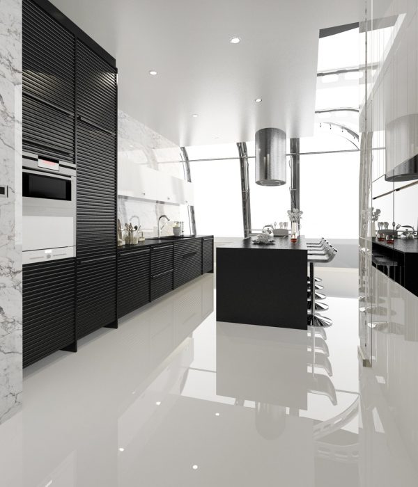 3d rendering modern black kitchen with modern wood built in