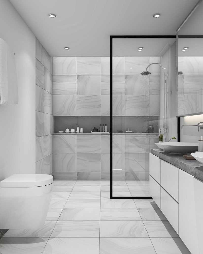 3d rendering white tile modern bathroom