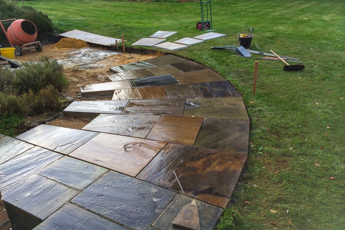 Decorative stone paving being laid