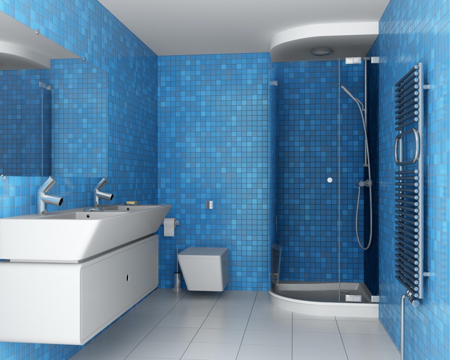modern bathroom with blue tiles on wall and white equipment
